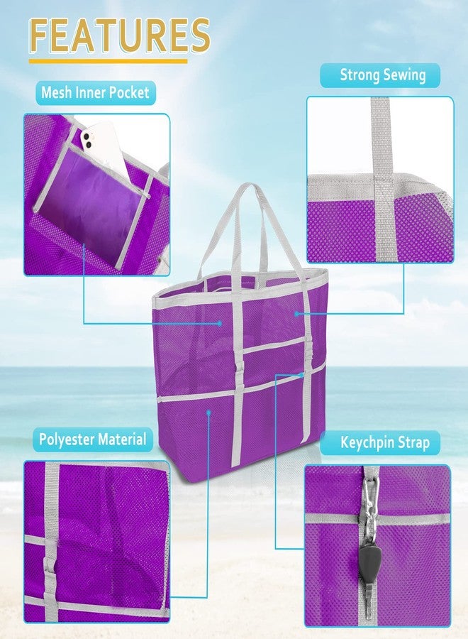 SRISE Mesh Beach Bag - Large Beach Tote Bag for Family Beach Bag for Toys & Vacation Essentials - Purple - Image 4